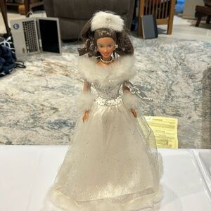 Barbies, 12 inch winter reflections, dressed in white￼ with silver purse,